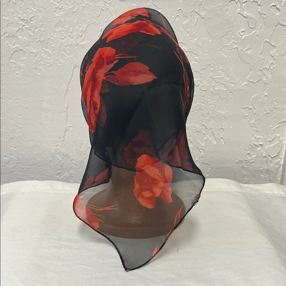 Vintage Black Red Roses Floral Sheer Nylon Scarf